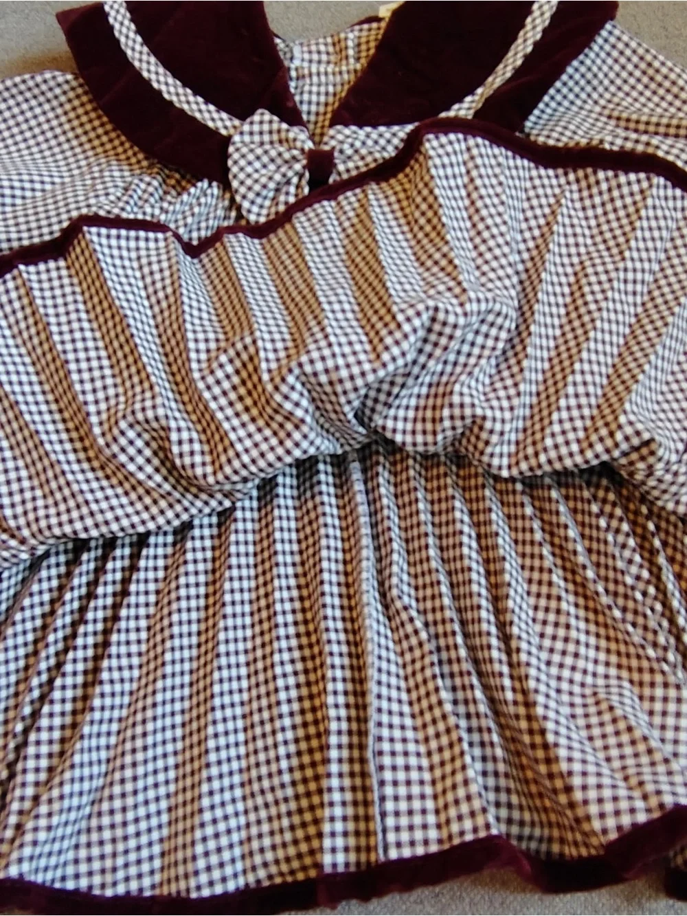Vtg Velvet Caped Checked Dress Girls 12M Maroon Bow Pleated Madeline Sailor USA